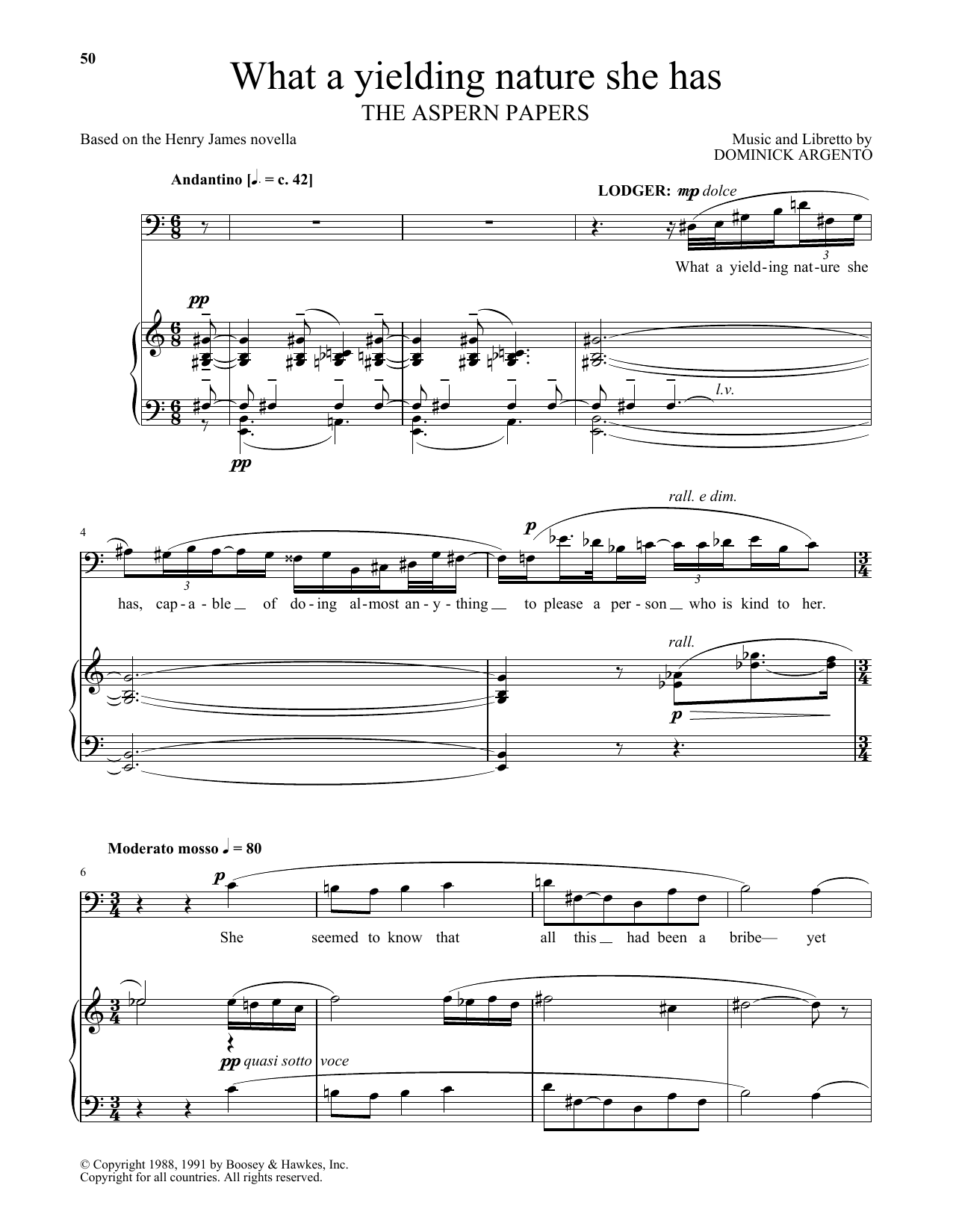 Preview Dominick Argento What a yielding nature she has (from The Aspern Papers) Classical sheet music, notes and chords for Piano & Vocal, SKU: 417312 sheet music, piano notes, chords, guitar tabs, score, transpose, transcribe, how to play, guide, download, learn, tutorial, progression, song, artist, awards, billboard, mtv, vh1, tour, single, album, release