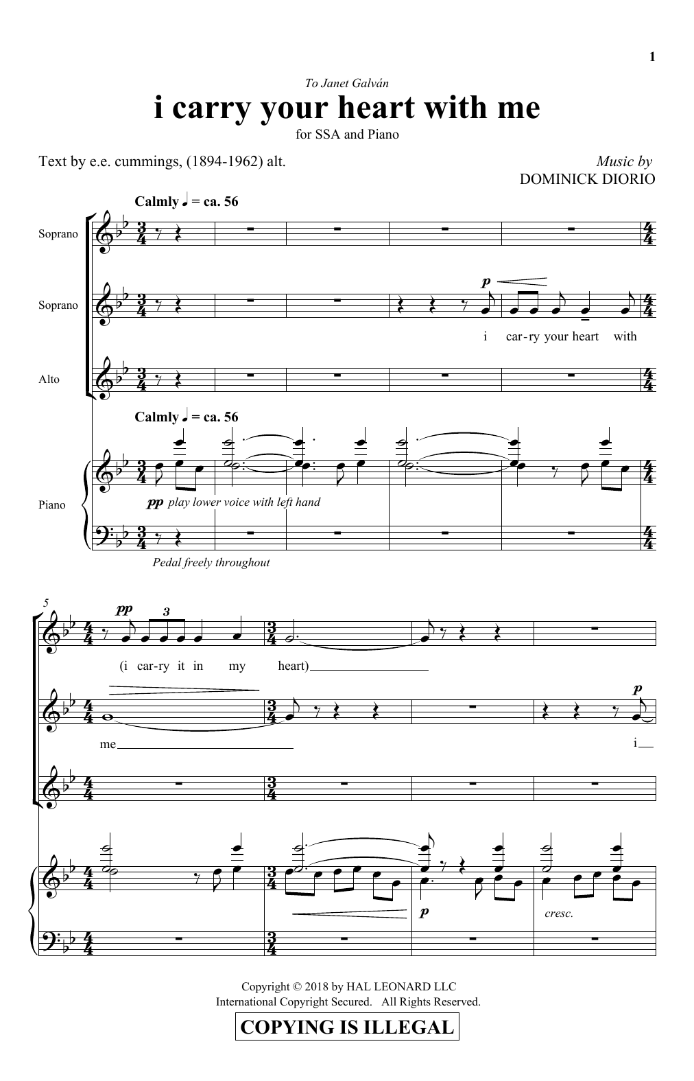Learn to play Dominick DiOrio I Carry Your Heart sheet music for SSA Choir in minutes. Price: 3.9900$ Dominick DiOrio I Carry Your Heart sheet music notes and chords arranged for SSA Choir