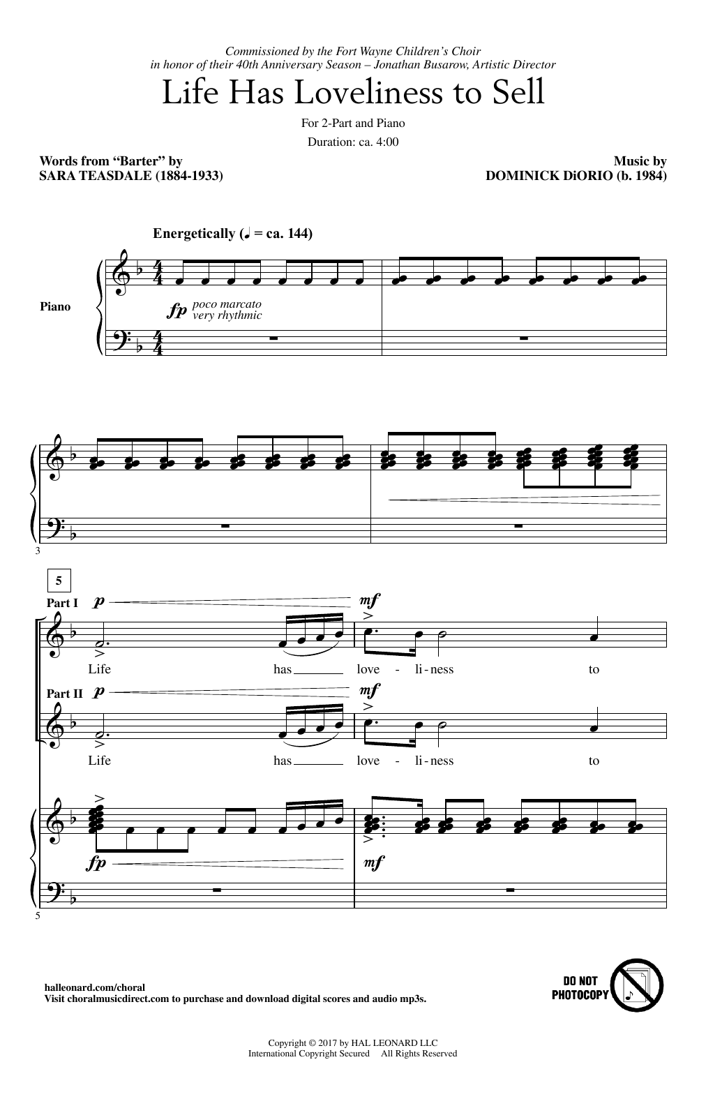 Learn to play Dominick DiOrio Life Has Loveliness To Sell sheet music for 2-Part Choir in minutes. Price: 3.9900$ Dominick DiOrio Life Has Loveliness To Sell sheet music notes and chords arranged for 2-Part Choir