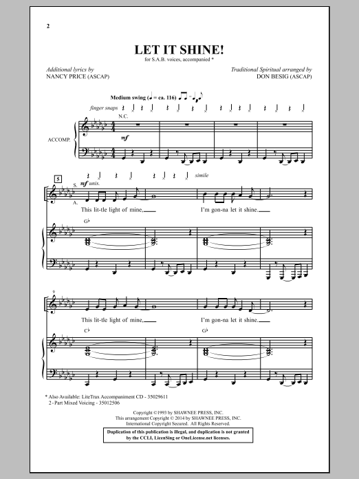 Traditional Spiritual Let It Shine (arr. Don Besig) sheet music notes and chords arranged for SAB Choir