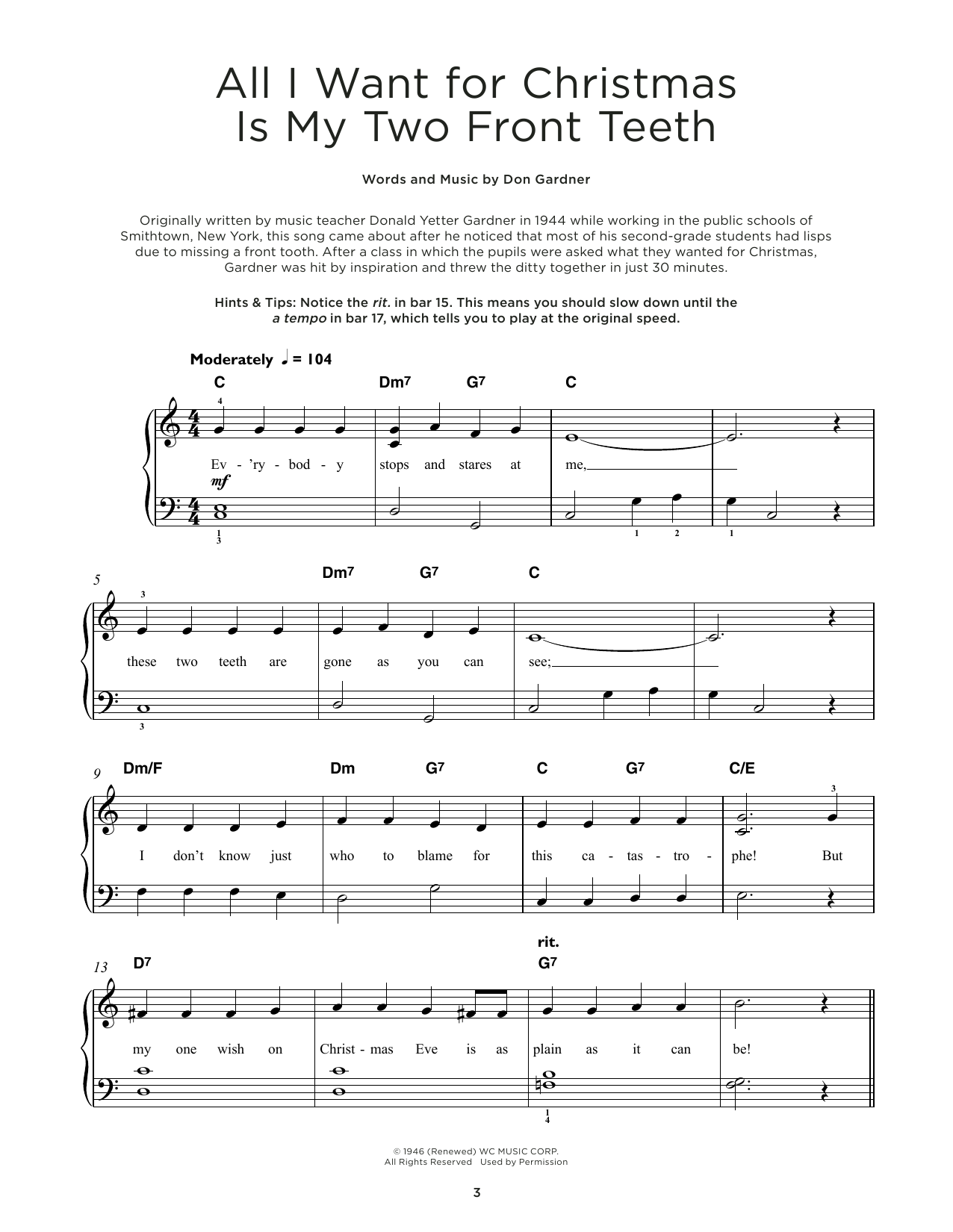 Don Gardner All I Want For Christmas Is My Two Front Teeth sheet music notes and chords. Download Printable PDF.