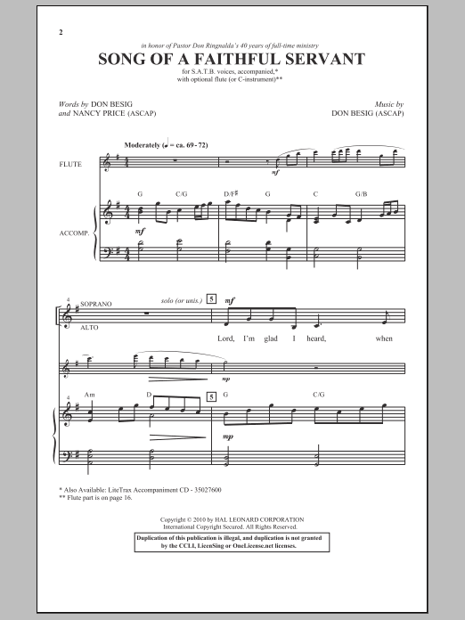 Learn to play Don Besig Song Of A Faithful Servant sheet music for SATB Choir in minutes. Price: 3.9900$ Don Besig Song Of A Faithful Servant sheet music notes and chords arranged for SATB Choir