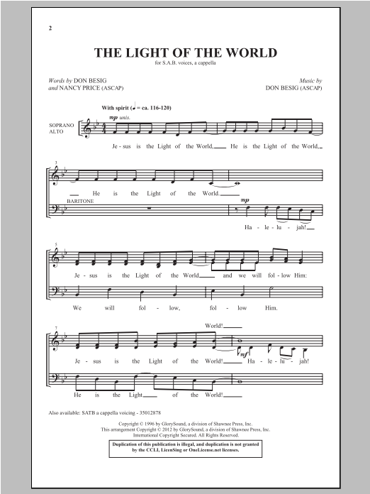 Learn to play Don Besig The Light Of The World sheet music for SAB Choir in minutes. Price: 3.9900$ Don Besig The Light Of The World sheet music notes and chords arranged for SAB Choir