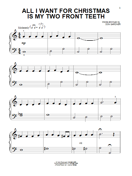 Don Gardner All I Want For Christmas Is My Two Front Teeth sheet music notes and chords. Download Printable PDF.