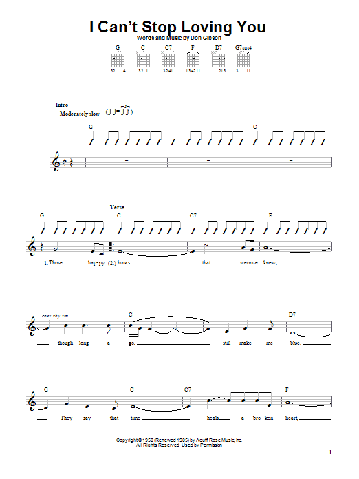 Learn to play Don Gibson I Can't Stop Loving You sheet music for Guitar with Strumming Patterns in minutes. Don Gibson I Can't Stop Loving You sheet music notes and chords. Download Printable PDF.
