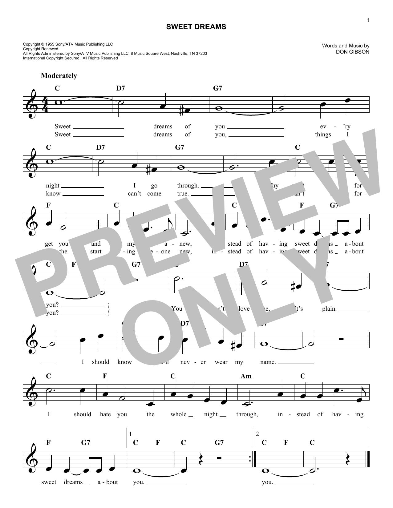 Don Gibson Sweet Dreams sheet music notes and chords. Download Printable PDF.