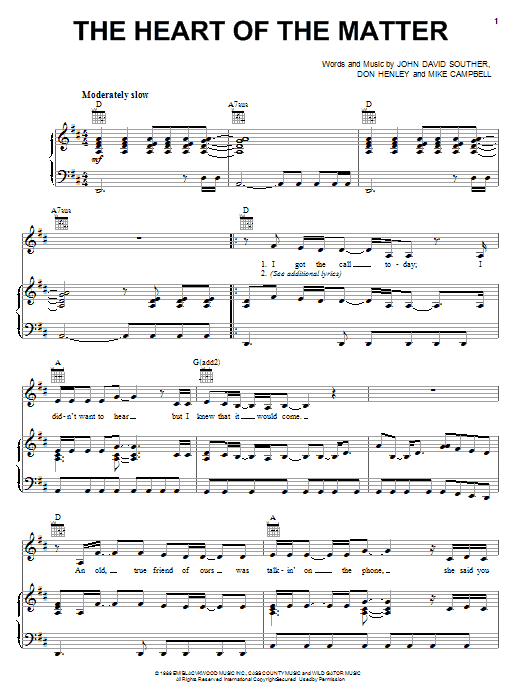 Learn to play Don Henley The Heart Of The Matter sheet music for Lead Sheet / Fake Book in minutes. Don Henley The Heart Of The Matter sheet music notes and chords. Download Printable PDF.