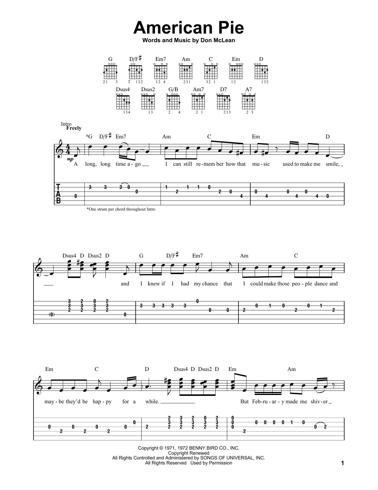 Don McLean American Pie sheet music notes and chords. Download Printable PDF.