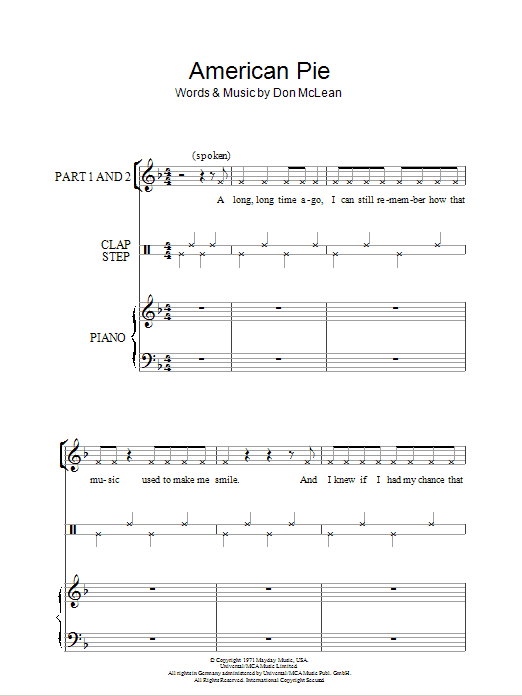 Learn to play Don McLean American Pie sheet music for 2-Part Choir in minutes. Price: 3.9900$ Don McLean American Pie sheet music notes and chords arranged for 2-Part Choir