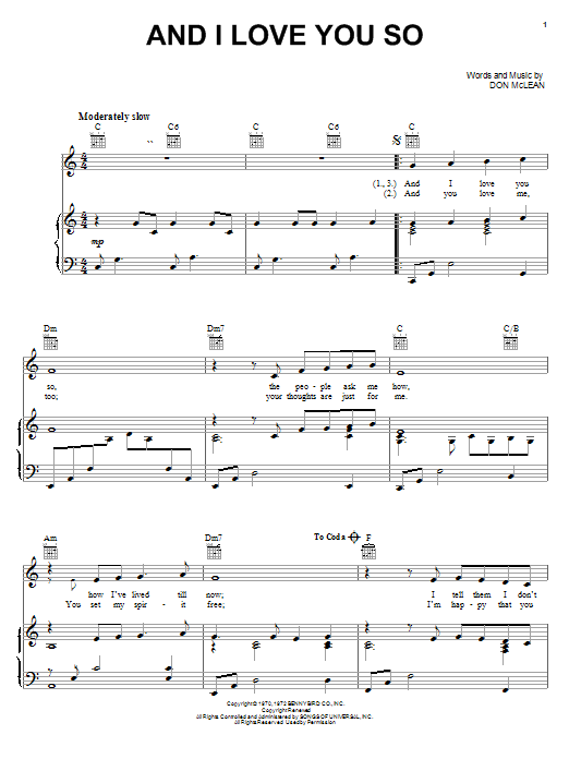 Don McLean And I Love You So sheet music notes and chords. Download Printable PDF.