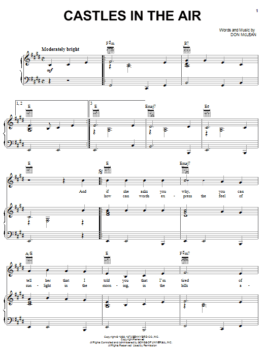 Learn to play Don McLean Castles In The Air sheet music for Guitar Tab in minutes. Don McLean Castles In The Air sheet music notes and chords. Download Printable PDF.