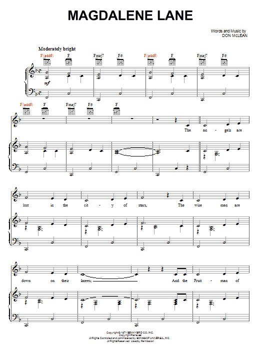 Don McLean Magdelene Lane sheet music notes and chords. Download Printable PDF.