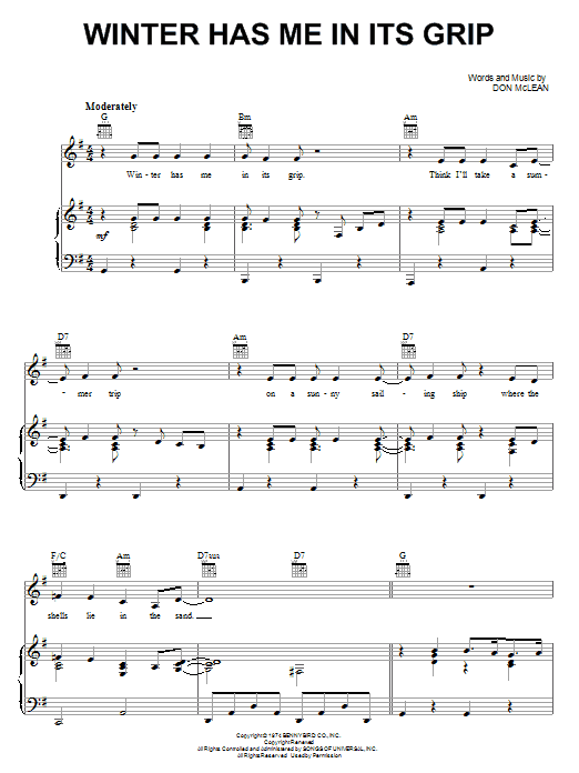 Learn to play Don McLean Winter Has Me In Its Grip sheet music for Piano, Vocal & Guitar (Right-Hand Melody) in minutes. Don McLean Winter Has Me In Its Grip sheet music notes and chords. Download Printable PDF.