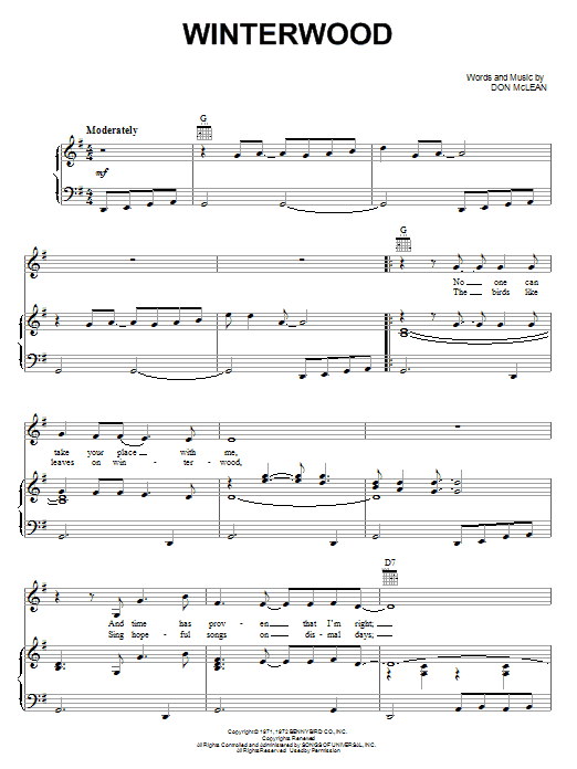 Learn to play Don McLean Winterwood sheet music for Piano, Vocal & Guitar (Right-Hand Melody) in minutes. Don McLean Winterwood sheet music notes and chords. Download Printable PDF.