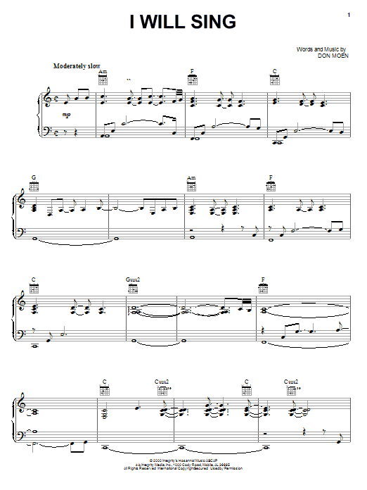 Learn to play Don Moen I Will Sing sheet music for Piano, Vocal & Guitar (Right-Hand Melody) in minutes. Don Moen I Will Sing sheet music notes and chords. Download Printable PDF.
