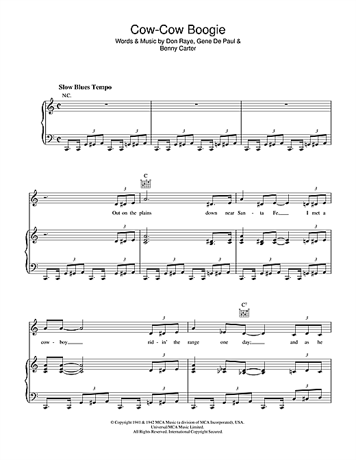 Learn to play Don Raye Cow-Cow Boogie sheet music for Piano, Vocal & Guitar (Right-Hand Melody) in minutes. Don Raye Cow-Cow Boogie sheet music notes and chords. Download Printable PDF.