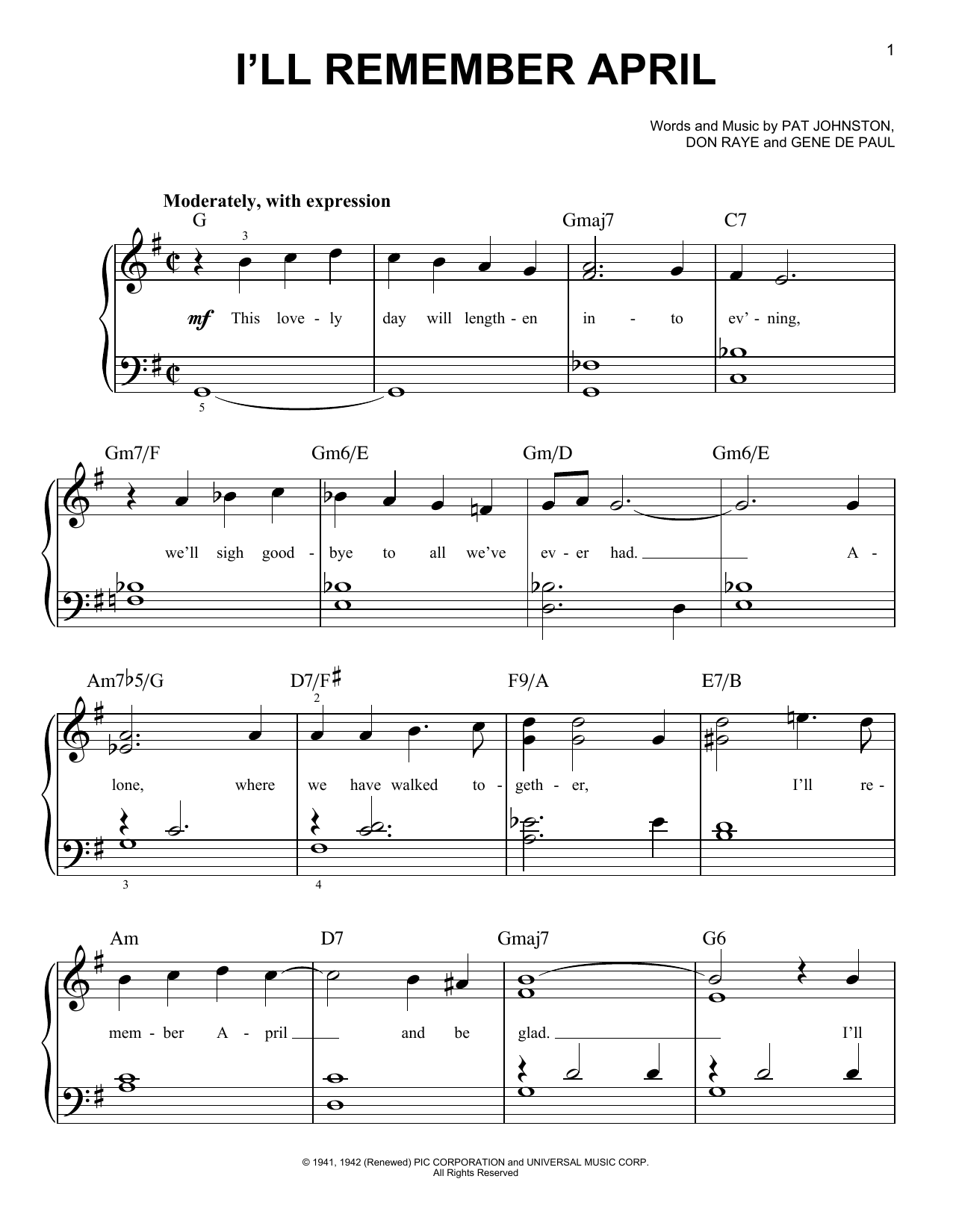 Don Raye I'll Remember April sheet music notes and chords. Download Printable PDF.