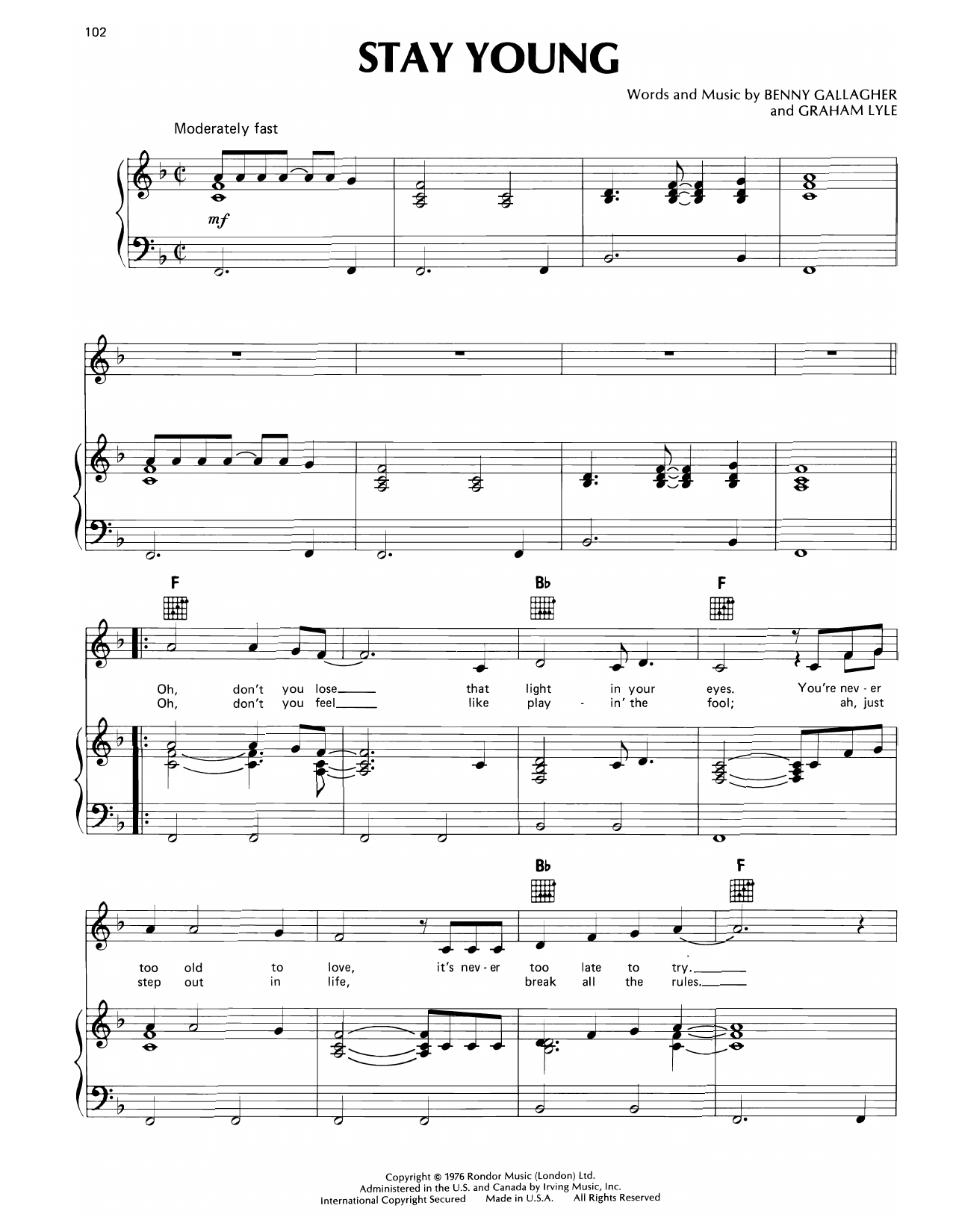 Don Williams Stay Young sheet music notes and chords. Download Printable PDF.