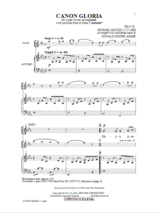 Donald Moore Canon Gloria sheet music notes and chords arranged for 2-Part Choir