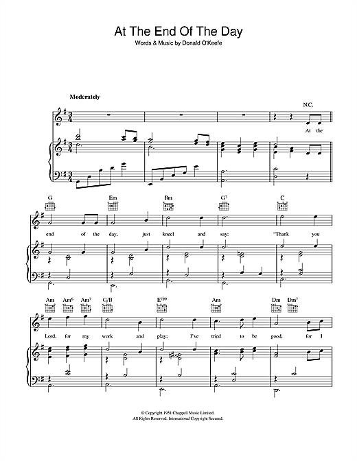 Learn to play Donald O'Keefe At The End Of The Day sheet music for Piano, Vocal & Guitar in minutes. Price: 7.9900$ Donald O'Keefe At The End Of The Day sheet music notes and chords. Download Printable PDF.