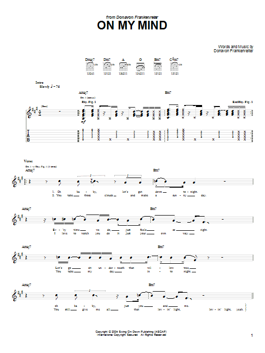 Learn to play Donavon Frankenreiter On My Mind sheet music for Guitar Tab in minutes. Price: 7.8900$ Donavon Frankenreiter On My Mind sheet music notes and chords arranged for Guitar Tab