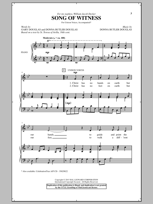 Learn to play Donna Butler Douglas Song Of Witness sheet music for Unison Choir in minutes. Price: 3.9900$ Donna Butler Douglas Song Of Witness sheet music notes and chords arranged for Unison Choir