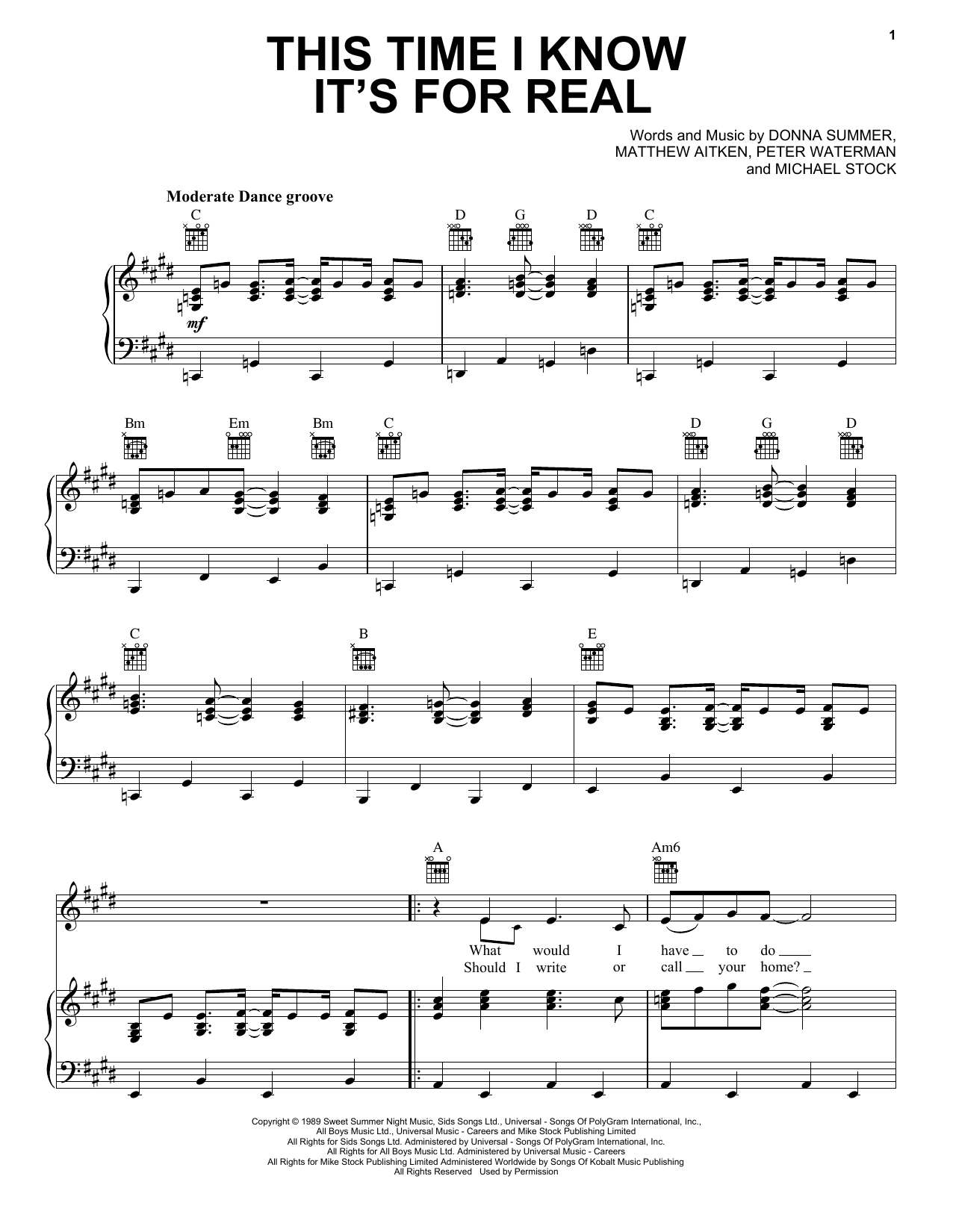Learn to play Donna Summer This Time I Know It's For Real sheet music for Piano, Vocal & Guitar (Right-Hand Melody) in minutes. Donna Summer This Time I Know It's For Real sheet music notes and chords. Download Printable PDF.