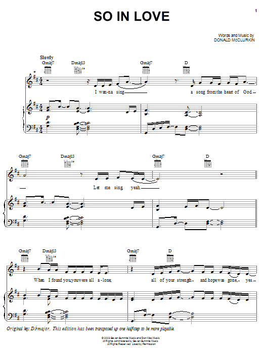 Learn to play Donnie McClurkin So In Love sheet music for Piano, Vocal & Guitar (Right-Hand Melody) in minutes. Price: 7.8900$ Donnie McClurkin So In Love sheet music notes and chords. Download Printable PDF.