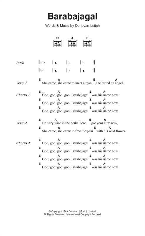 Learn to play Donovan Barabajagal sheet music for Piano, Vocal & Guitar Chords (Right-Hand Melody) in minutes. Price: 7.8900$ Donovan Barabajagal sheet music notes and chords arranged for Piano, Vocal & Guitar Chords (Right-Hand Melody)