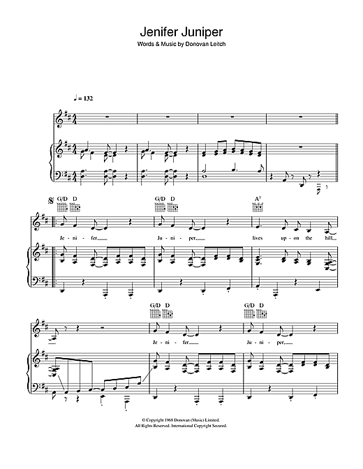 Learn to play Donovan Jennifer Juniper sheet music for Piano, Vocal & Guitar (Right-Hand Melody) in minutes. Donovan Jennifer Juniper sheet music notes and chords