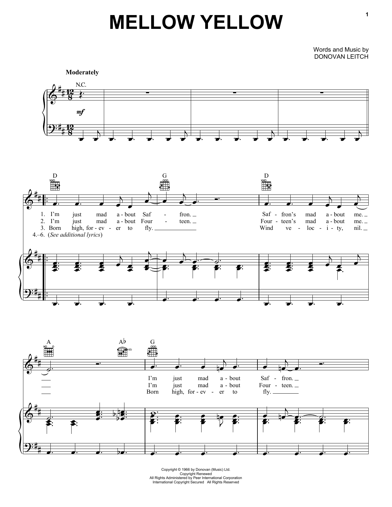 Donovan Mellow Yellow sheet music notes and chords. Download Printable PDF.