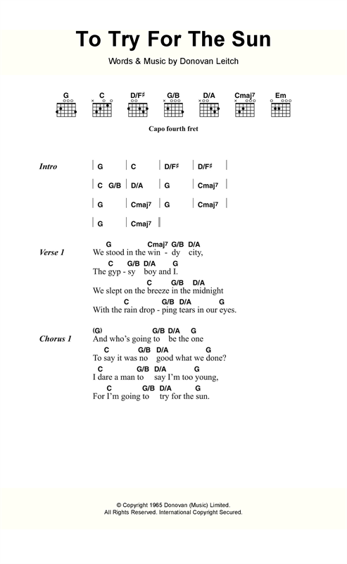 Learn to play Donovan Try For The Sun sheet music for Guitar Chords/Lyrics in minutes. Donovan Try For The Sun sheet music notes and chords. Download Printable PDF.