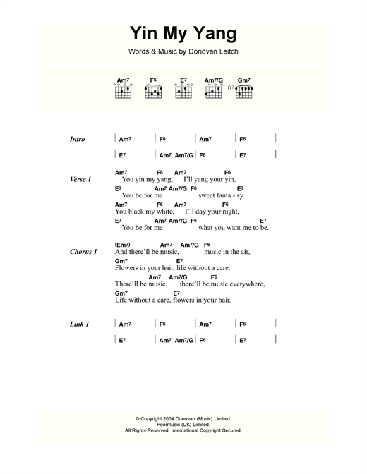 Learn to play Donovan Yin My Yang sheet music for Guitar Chords/Lyrics in minutes. Donovan Yin My Yang sheet music notes and chords. Download Printable PDF.