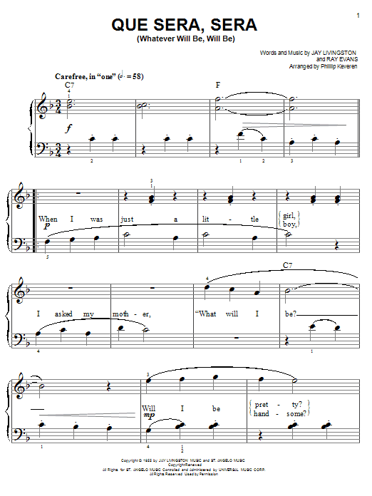 Doris Day Que Sera, Sera (Whatever Will Be, Will Be) (arr. Phillip Keveren) sheet music notes and chords. Download Printable PDF.