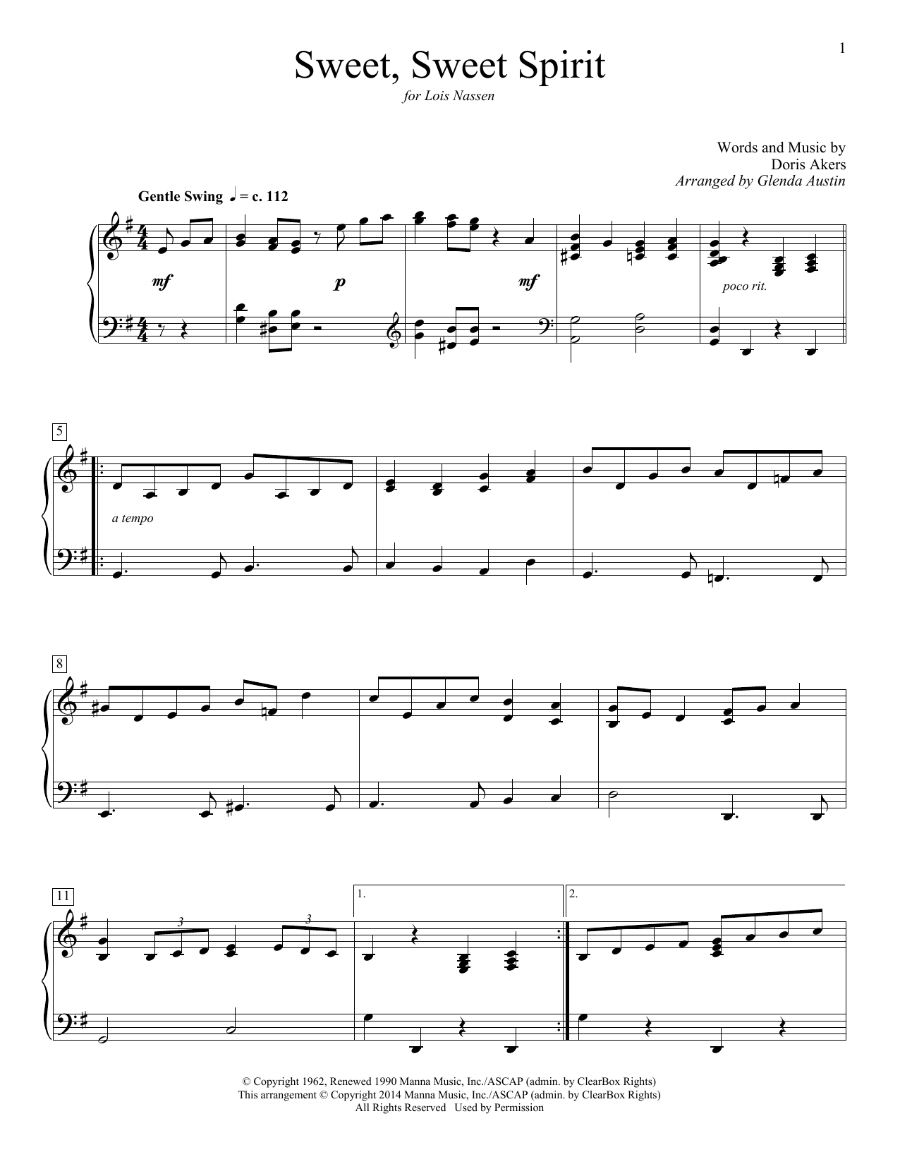 Learn to play Doris Akers Sweet, Sweet Spirit (arr. Glenda Austin) sheet music for Educational Piano in minutes. Price: 6.9900$ Doris Akers Sweet, Sweet Spirit (arr. Glenda Austin) sheet music notes and chords arranged for Educational Piano