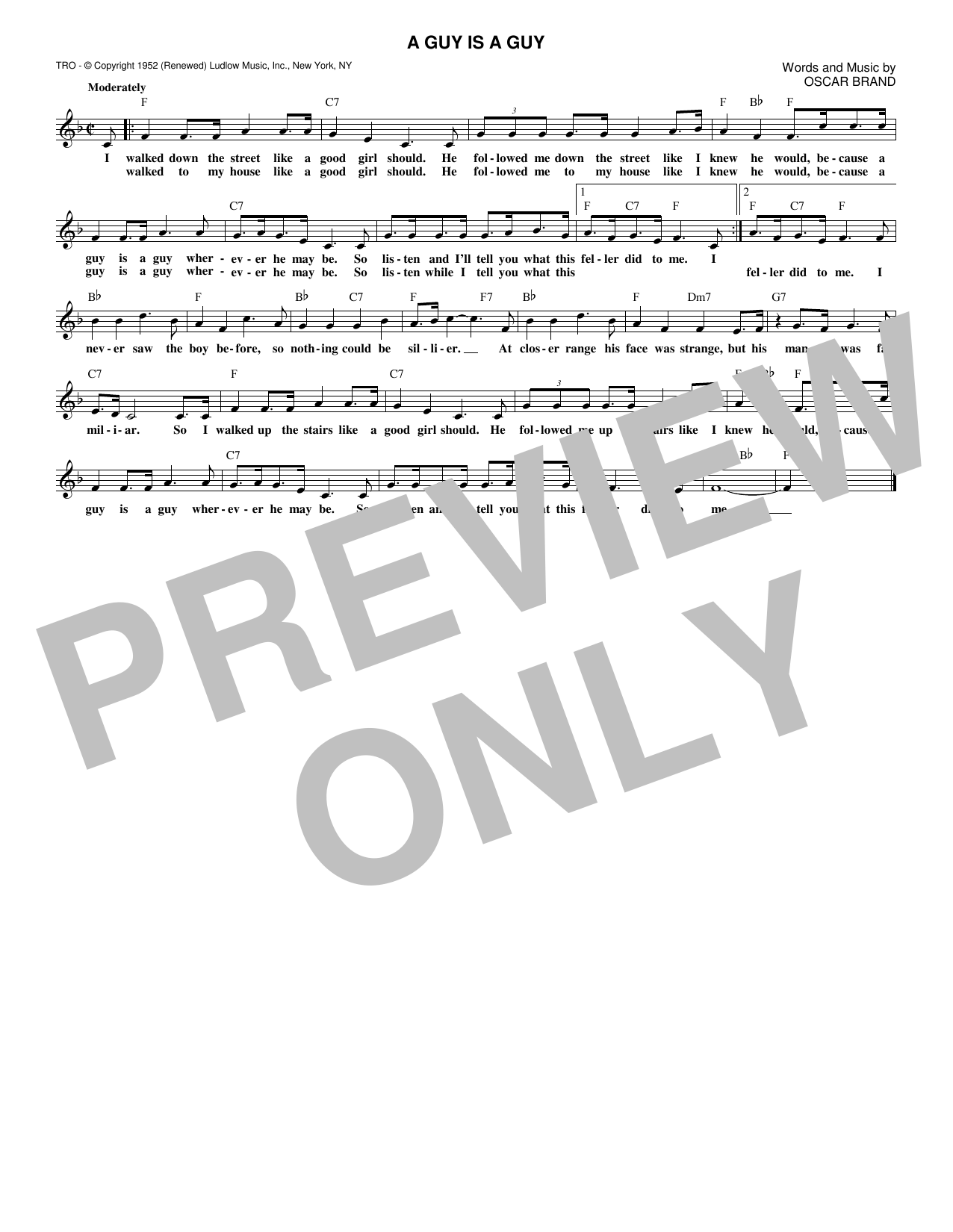 Oscar Brand A Guy Is A Guy sheet music notes and chords arranged for Lead Sheet / Fake Book