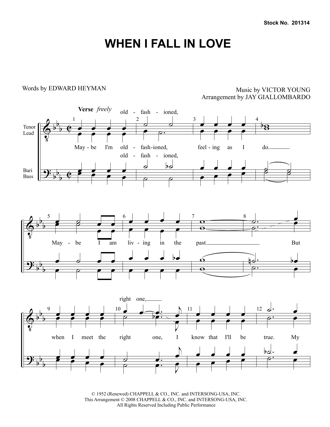 Learn to play Doris Day When I Fall In Love (arr. Jay Giallombardo) sheet music for TTBB Choir in minutes. Price: 3.9900$ Doris Day When I Fall In Love (arr. Jay Giallombardo) sheet music notes and chords arranged for TTBB Choir