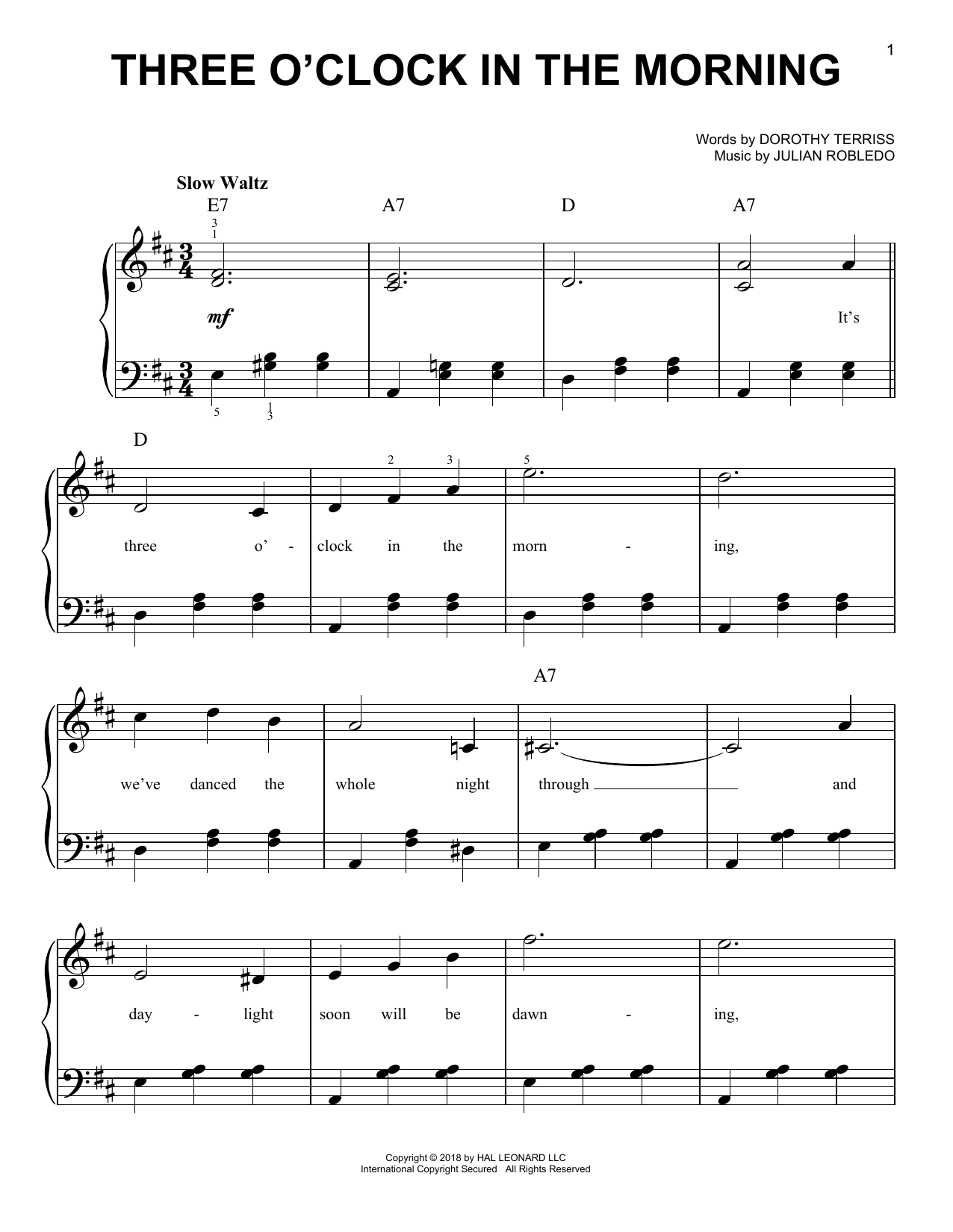 Dorothy Terriss Three O'Clock In The Morning sheet music notes and chords. Download Printable PDF.