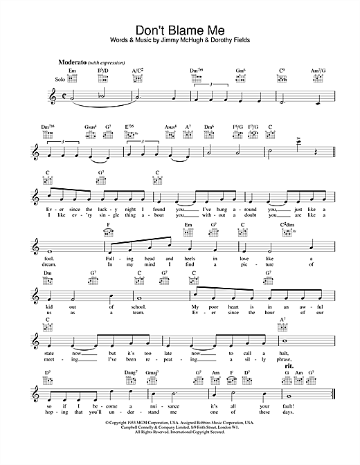 Preview Dorothy Fields Don't Blame Me Easy Listening sheet music, notes and chords for Lead Sheet / Fake Book, SKU: 25145 sheet music, piano notes, chords, guitar tabs, score, transpose, transcribe, how to play, guide, download, learn, tutorial, progression, song, artist, awards, billboard, mtv, vh1, tour, single, album, release