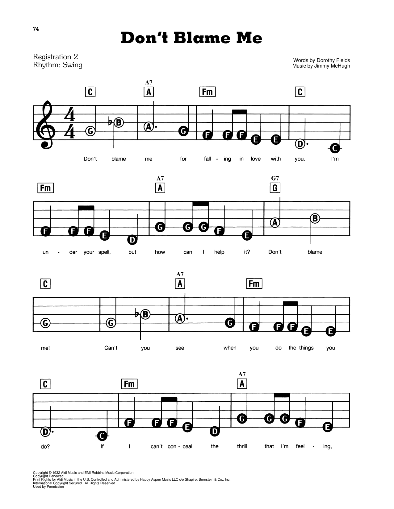 Dorothy Fields Don't Blame Me sheet music notes and chords. Download Printable PDF.