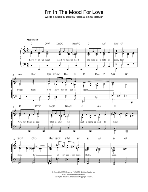 Dorothy Fields I M In The Mood For Love Sheet Music Pdf Notes Chords Standards Score Piano Solo Download Printable Sku