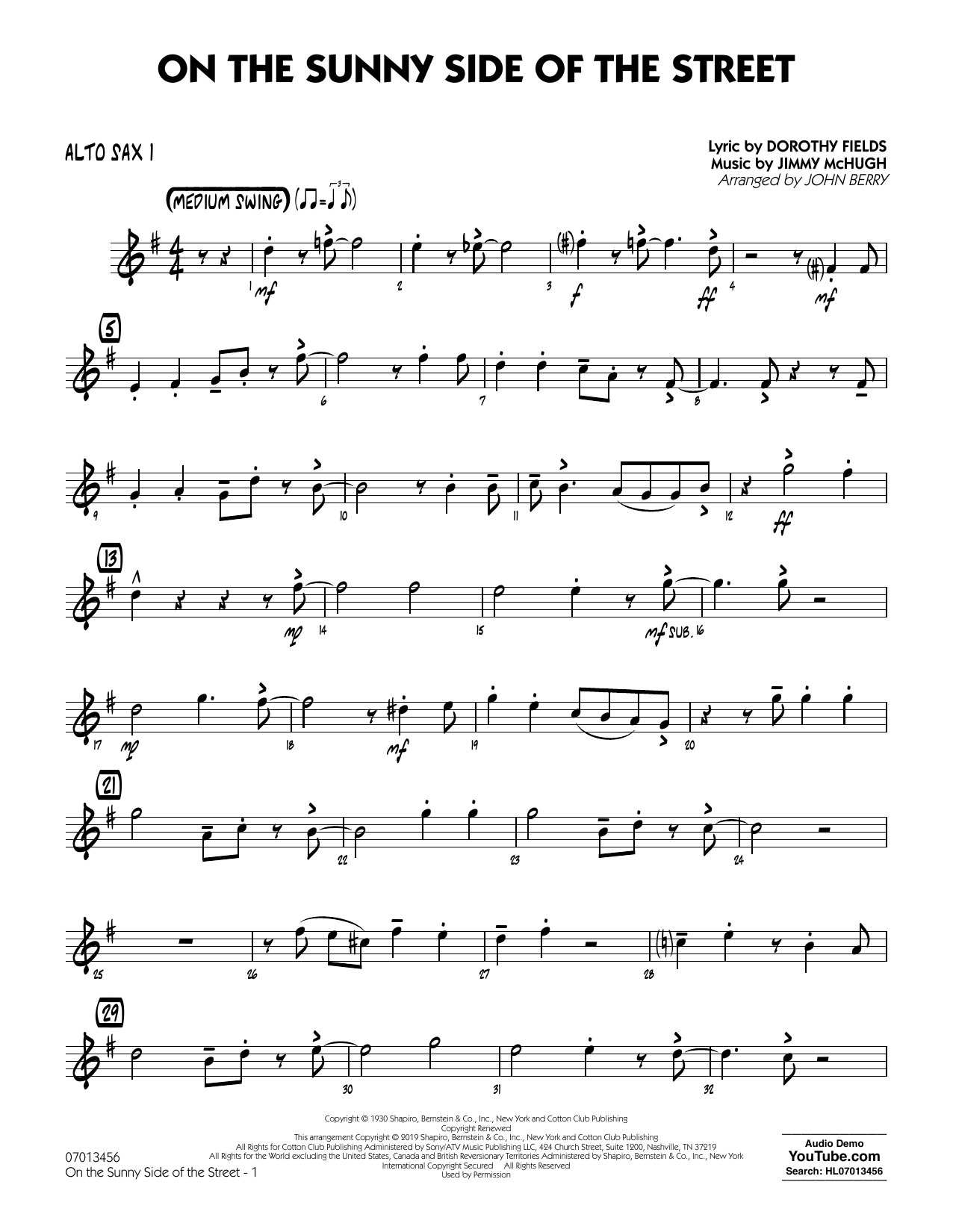 Dorothy Fields On The Sunny Side Of The Street Arr John Berry Alto Sax 1 Sheet Music Notes Chords Download Printable Pdf 4234 Score