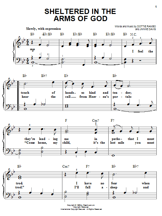 Dottie Rambo Sheltered In The Arms Of God sheet music notes and chords. Download Printable PDF.