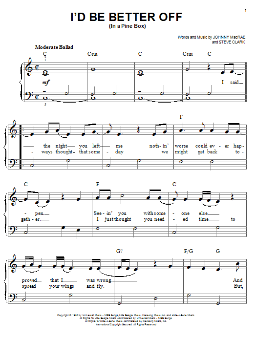 Doug Stone I'd Be Better Off (In A Pine Box) sheet music notes and chords. Download Printable PDF.