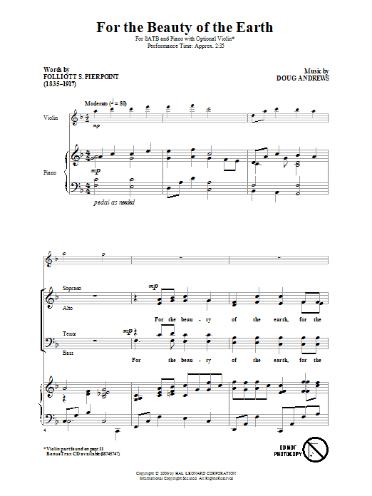 Learn to play Doug Andrews For The Beauty Of The Earth sheet music for SATB Choir in minutes. Price: 4.9900$ Doug Andrews For The Beauty Of The Earth sheet music notes and chords. Download Printable PDF.
