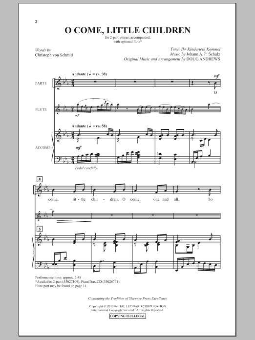 Learn to play Doug Andrews O Come, Little Children sheet music for 2-Part Choir in minutes. Price: 3.9900$ Doug Andrews O Come, Little Children sheet music notes and chords arranged for 2-Part Choir