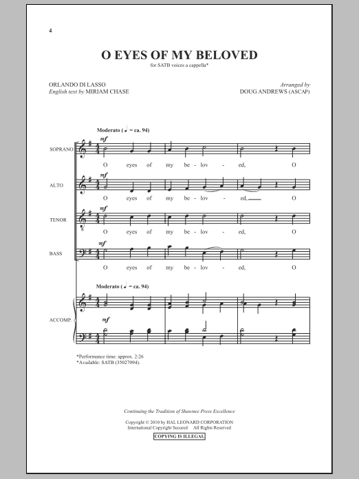 Learn to play Doug Andrews O Eyes Of My Beloved sheet music for SATB Choir in minutes. Price: 3.9900$ Doug Andrews O Eyes Of My Beloved sheet music notes and chords arranged for SATB Choir