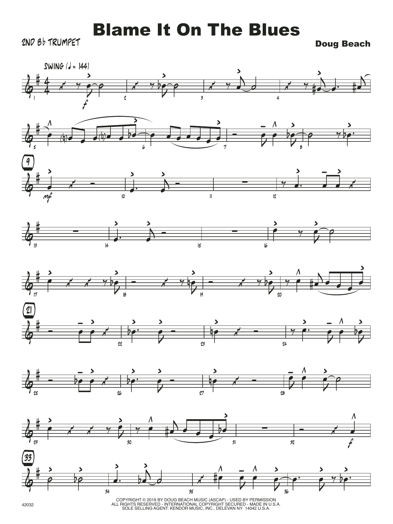 Learn to play Doug Beach Blame It On The Blues - 2nd Bb Trumpet sheet music for Jazz Ensemble in minutes. Doug Beach Blame It On The Blues - 2nd Bb Trumpet sheet music notes and chords. Download Printable PDF.