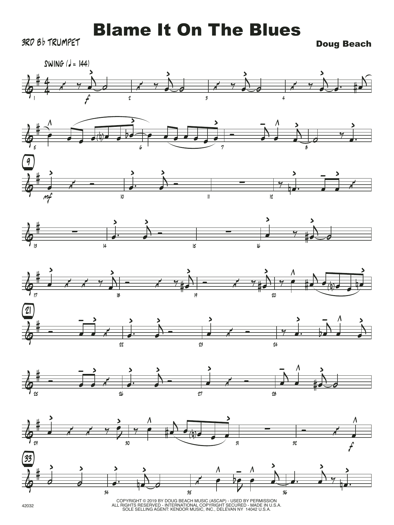 Learn to play Doug Beach Blame It On The Blues - 3rd Bb Trumpet sheet music for Jazz Ensemble in minutes. Doug Beach Blame It On The Blues - 3rd Bb Trumpet sheet music notes and chords. Download Printable PDF.