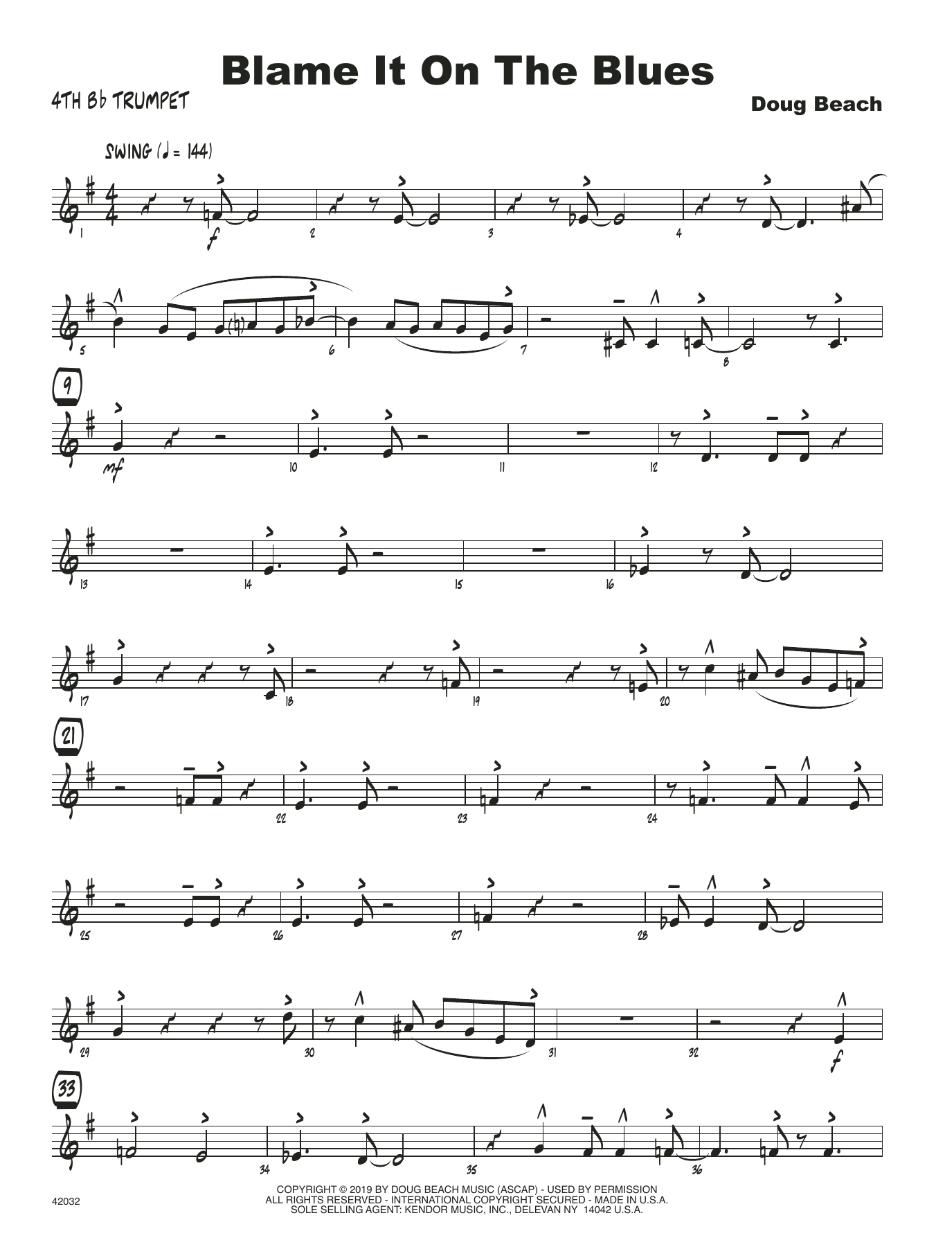 Learn to play Doug Beach Blame It On The Blues - 4th Bb Trumpet sheet music for Jazz Ensemble in minutes. Doug Beach Blame It On The Blues - 4th Bb Trumpet sheet music notes and chords. Download Printable PDF.